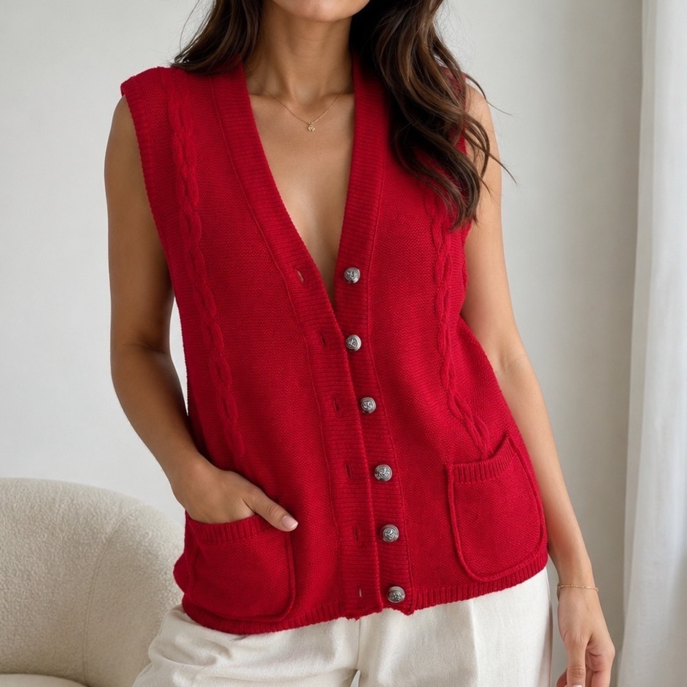 Bobbie Brooks Vintage Red Pure Virgin Wool Button Front Knit Vest Pockets USA dd